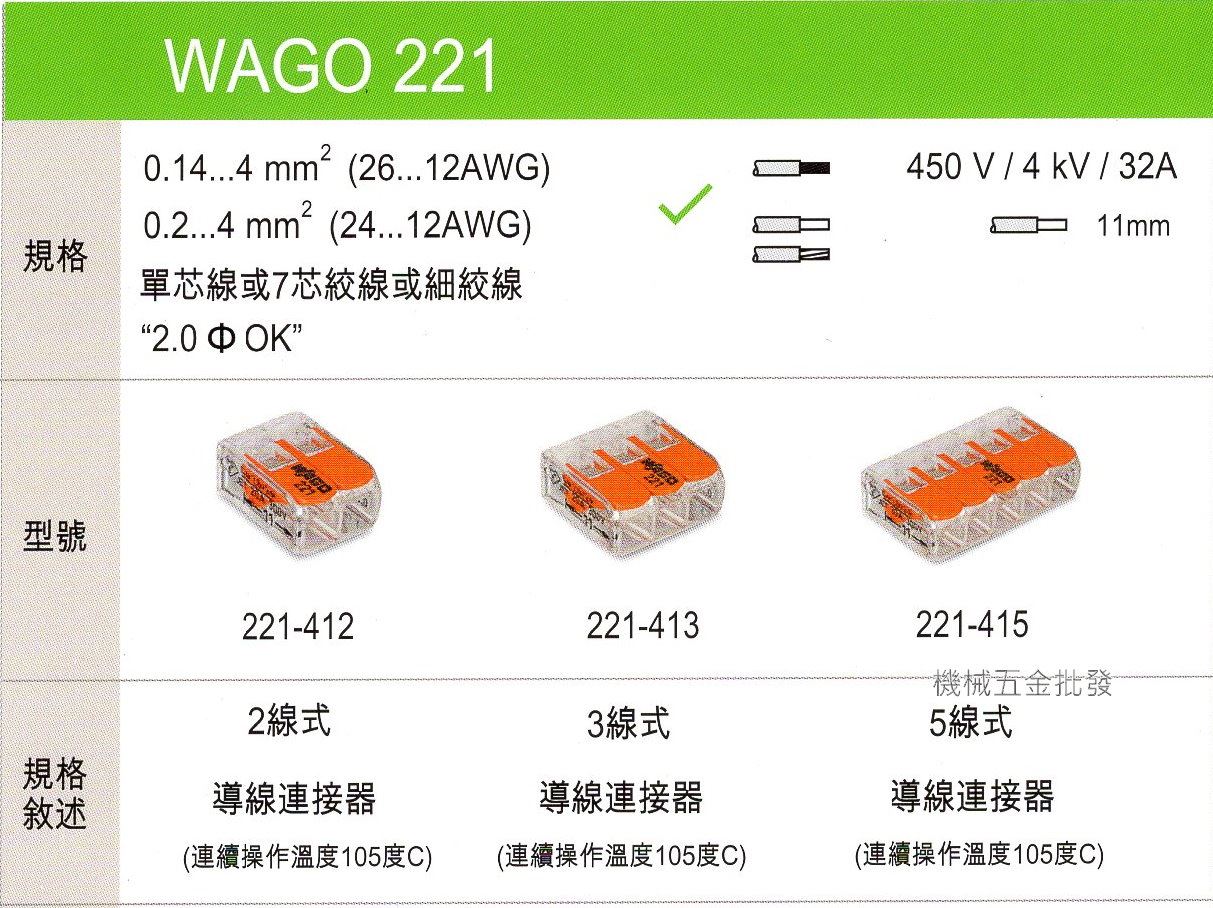 德國 WAGO 221-413 快速接線端子 快速接頭 可直接插拔 省時又省力 3線式,手工具